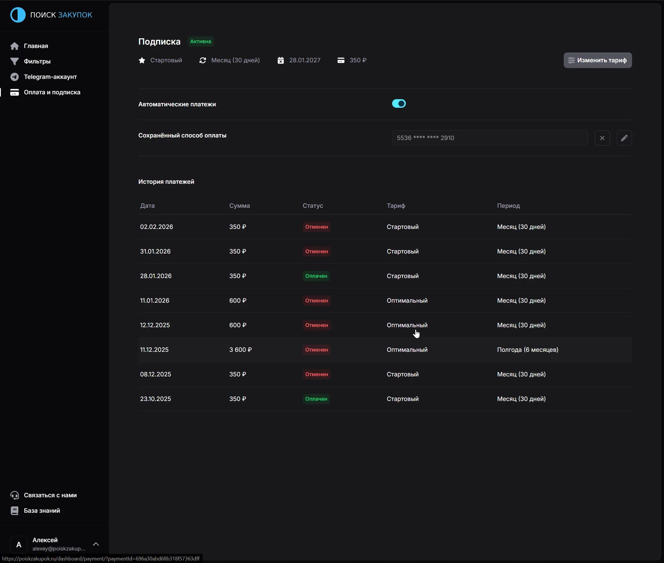 Страница управления подпиской